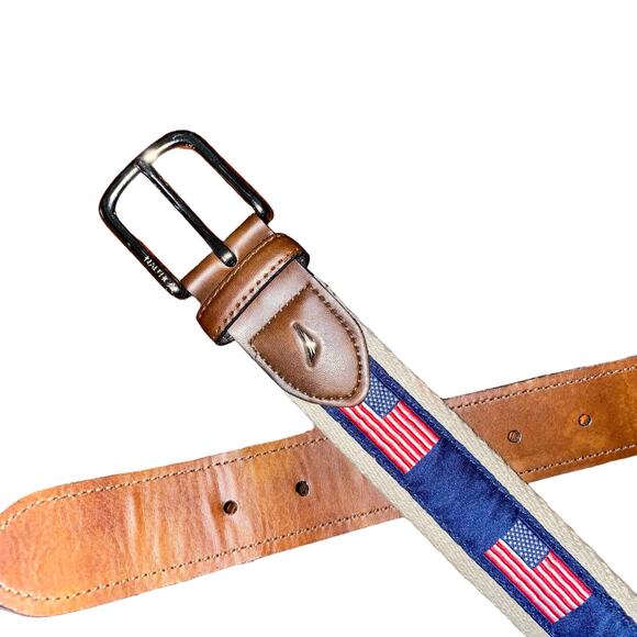 Nautica KCH Woven Ribbon Overlay USA Flag Print Synthetic Leather size 32/80 - Picture 2 of 8